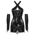 thumbnail image 1 of Xnihocha Women's Latin Jazz Dance Outfit Cross Front Sequins Tassel Bodysuit with Metallic Gloves Black XL, 1 of 7