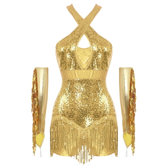 Xnihocha Women's Latin Jazz Dance Outfit Cross Front Sequins Tassel Bodysuit with Metallic Gloves Gold XL