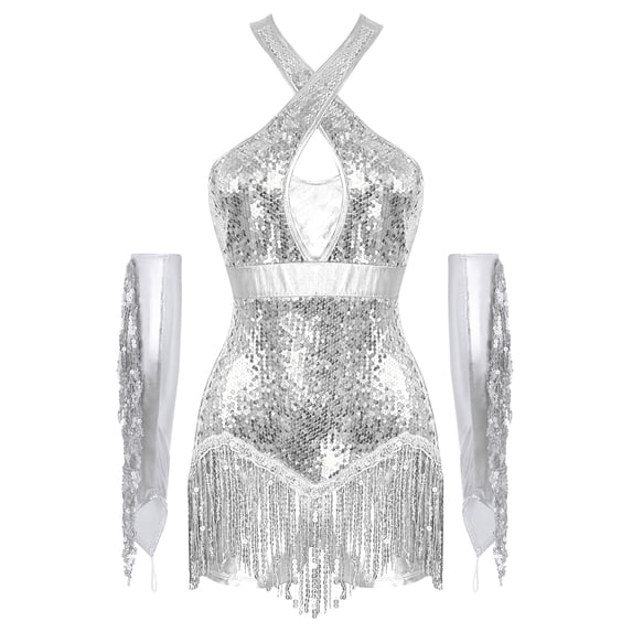Xnihocha Women's Latin Jazz Dance Outfit Cross Front Sequins Tassel Bodysuit with Metallic Gloves Silver L