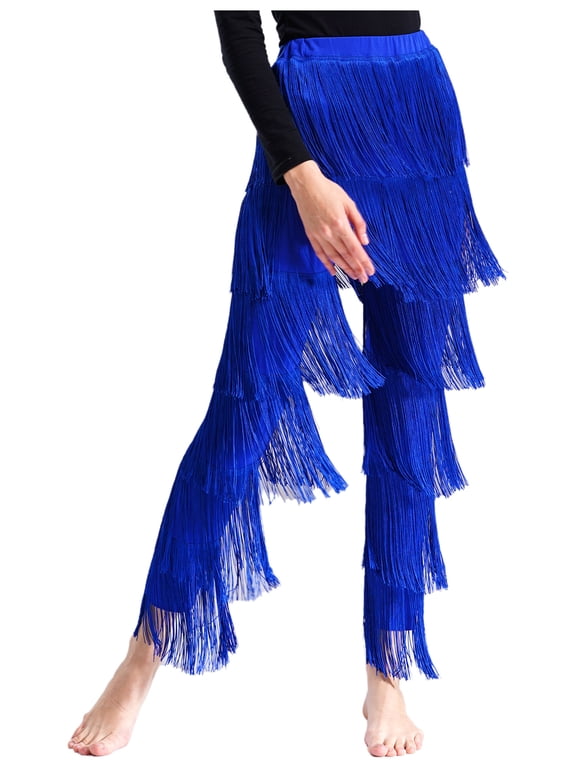Women's Latin Jazz Dance Pants Tassel Ballroom Dance Professional Fringe Rumba Tango Salsa Royal Blue M