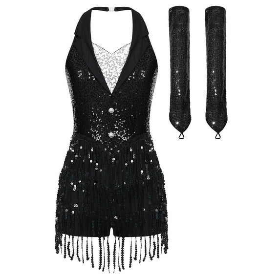 Xnihocha Women's Latin Rumba Jazz Dance Outfit Sequins Fringe Bodysuit with Gloves Set Black XL