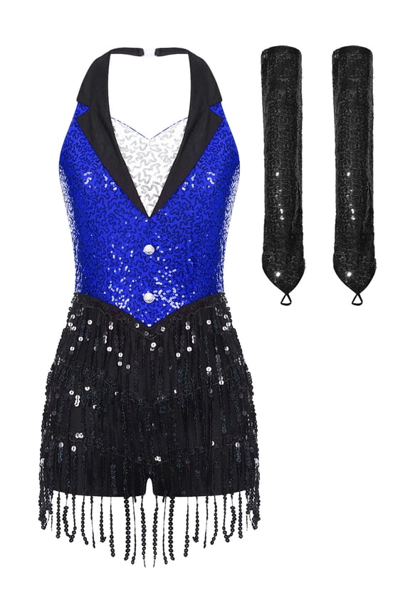 Women's Latin Rumba Jazz Dance Outfit Sequins Fringe Bodysuit with Gloves Set Blue S