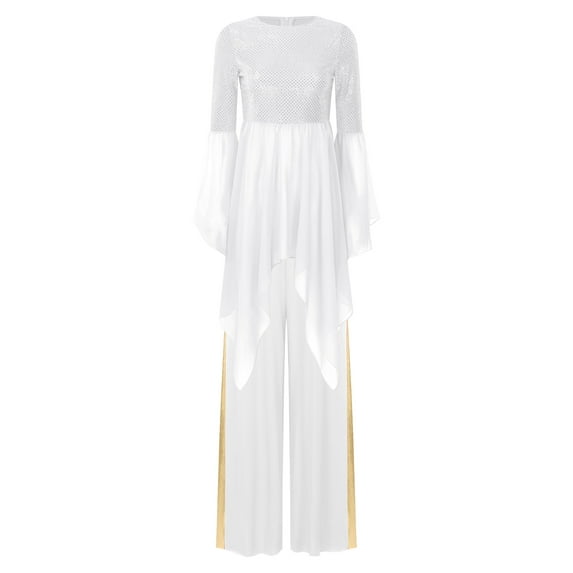 Xnihocha Women's Liturgical Praise Dance Outfit Irregular Hem Worship Tunic with Wide Leg Pants White L
