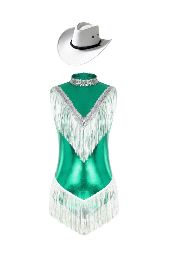 Women's Metallic Sleeveless Fringe Rumba Salsa Jazz Tango Latin Dance Leotard with Hat Green S