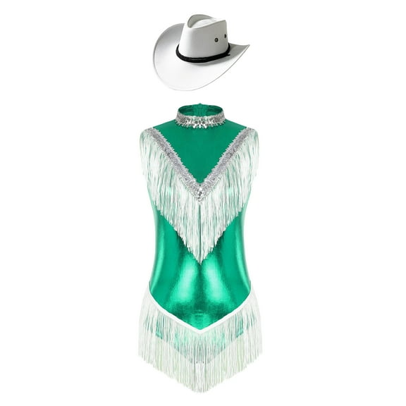 Xnihocha Women's Metallic Sleeveless Fringe Rumba Salsa Jazz Tango Latin Dance Leotard with Hat Green S