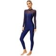 thumbnail image 1 of Xnihocha Women's Rhinestone Gymnastics Unitard Long Sleeve Sheer Mesh Skating Jumpsuit Rompers Navy Blue XL, 1 of 7