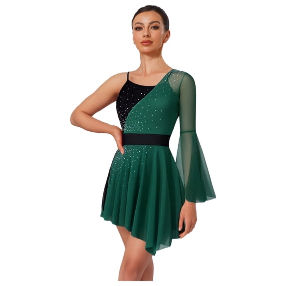 Xnihocha Women's Rhinestone Mesh Lyrical Ballet Dance Dress Figure Ice Skating Competition Dresses Green S