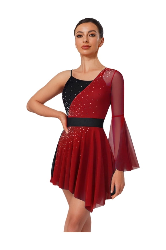 Women's Rhinestone Mesh Lyrical Ballet Dance Dress Figure Ice Skating Competition Dresses Red XXL