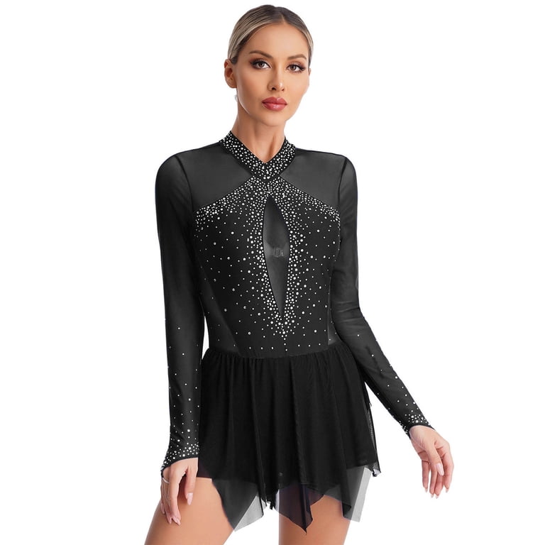 Xnihocha Women's Rhinestones Figure Ice Skating Dance Dress Long Sleeve  Gymnastic Leotard Dress Black XXL - Walmart.com