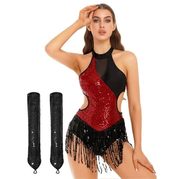 Xnihocha Women's Sequin Fringe Leotard with Gloves Salsa Rumba Tango Latin Dance Outfits Burgundy M