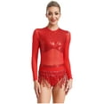 thumbnail image 1 of Xnihocha Women's Sequin Latin Dance Dress Tassel Jazz Dance Leotard Long Sleeve Ballroom Dancewear Red 14, 1 of 6