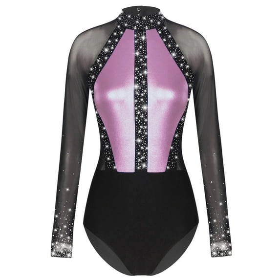 Xnihocha Women's Shiny Rhinestone Gymnastics Dance Leotard Long Sleeve Rhythmic Gymnastics Bodysuit Pink XXL