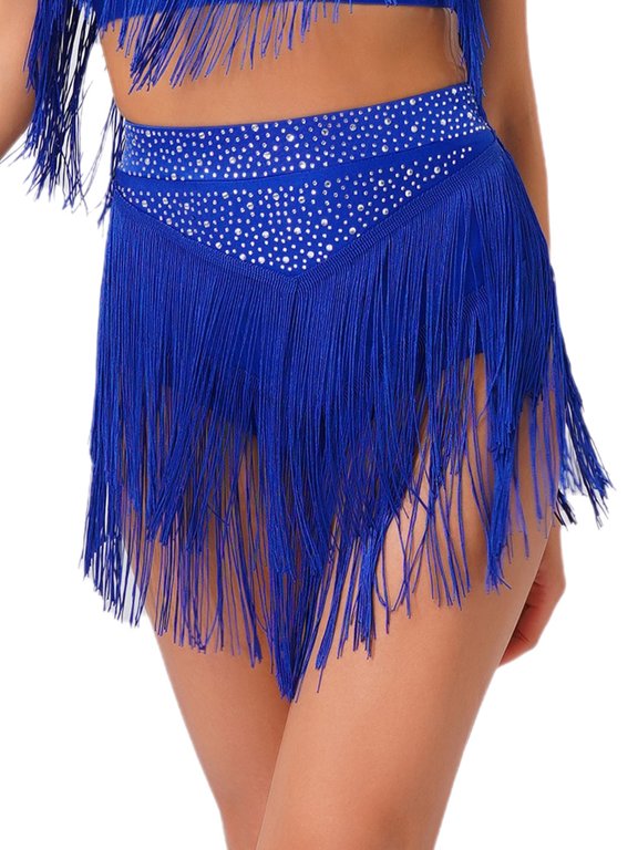 Women's Tassel Latin Dance Skrit Sparkly Rhinestone Salsa Tango Dance Performance Bottoms Blue S