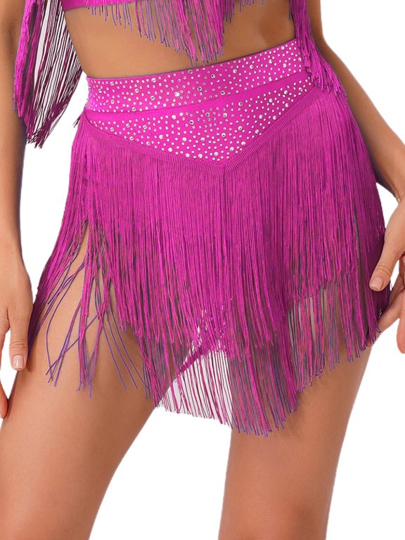 Women's Tassel Latin Dance Skrit Sparkly Rhinestone Salsa Tango Dance Performance Bottoms Hot Pink XXL
