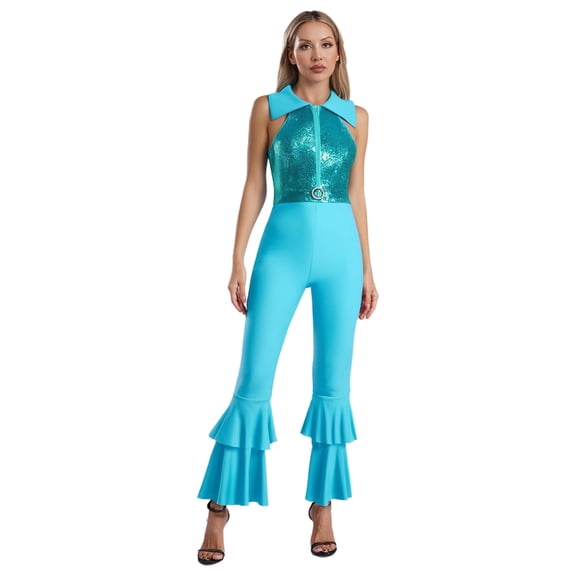 Xnihocha Womens Disco Dance Leotard Shiny Rhinestone O-Ring Front Tiered Bell-Bottom Bodysuit Jumpsuit Blue Green M