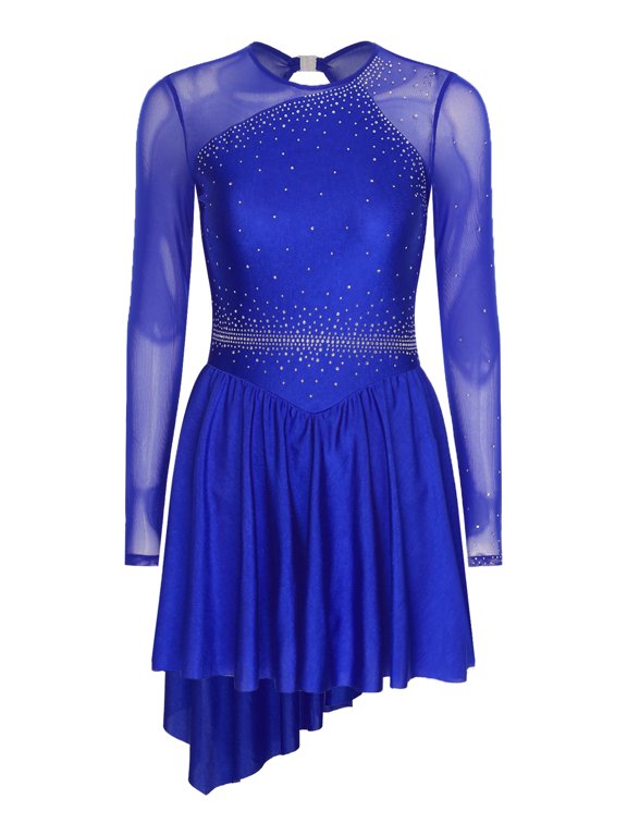 Womens Figure Ice Skating Dress Shiny Rhinestones Long Sleeves Asymmetrical Ballet Lyrical Dance Dress Blue S