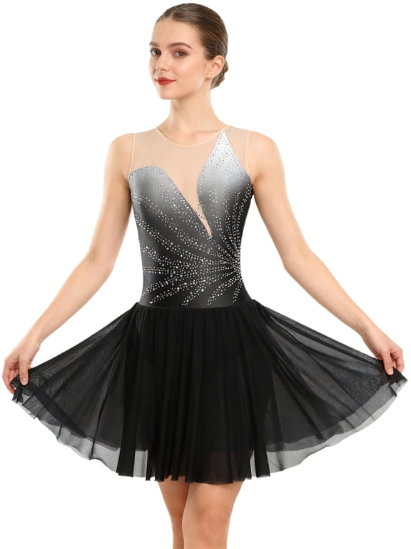 Womens Ice Skating Dress Rhinestone Mesh Sleeveless Dresses Ballet Lyrical Dance Dress Black S
