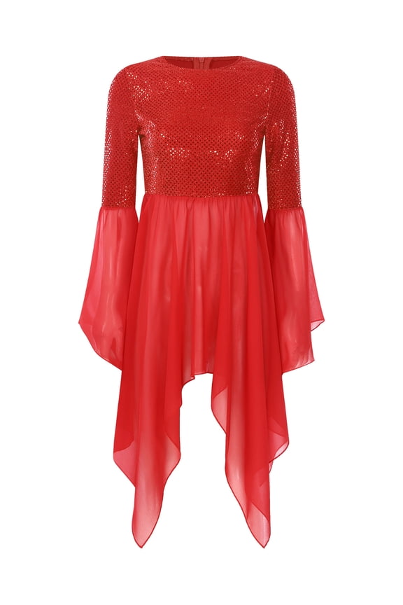 Womens Sequin Chiffon Liturgical Praise Dance Tunic Irregular Hem Worship Dance Overlay Top Red S