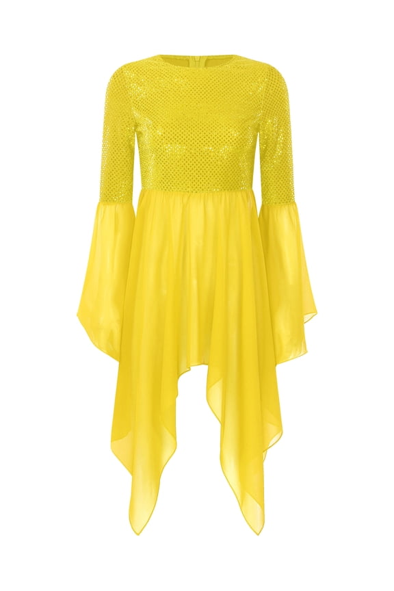 Womens Sequin Chiffon Liturgical Praise Dance Tunic Irregular Hem Worship Dance Overlay Top Yellow M