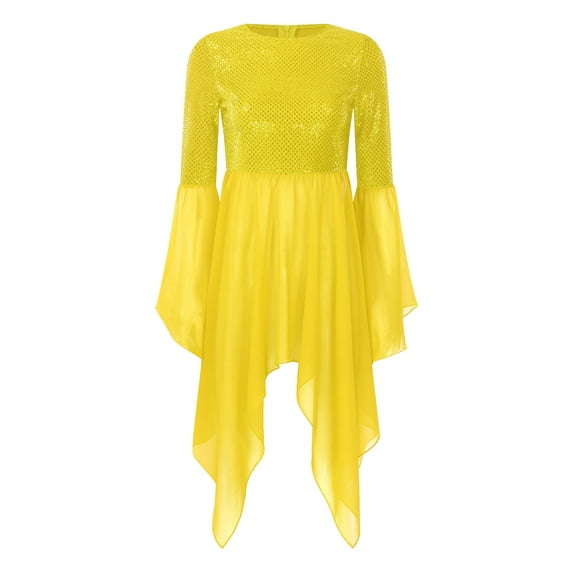 Xnihocha Womens Sequin Chiffon Liturgical Praise Dance Tunic Irregular Hem Worship Dance Overlay Top Yellow S