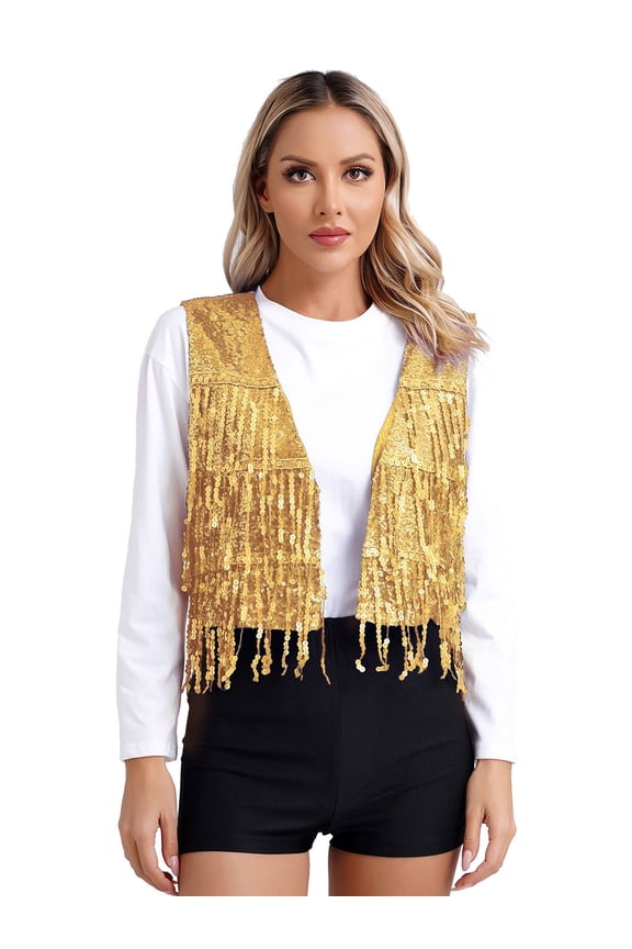 Womens Sleeveless Sequins Vest Tops V Neck Open Front Glitter Tassels Jacket Rave Dance Party Waistcoat Gold M
