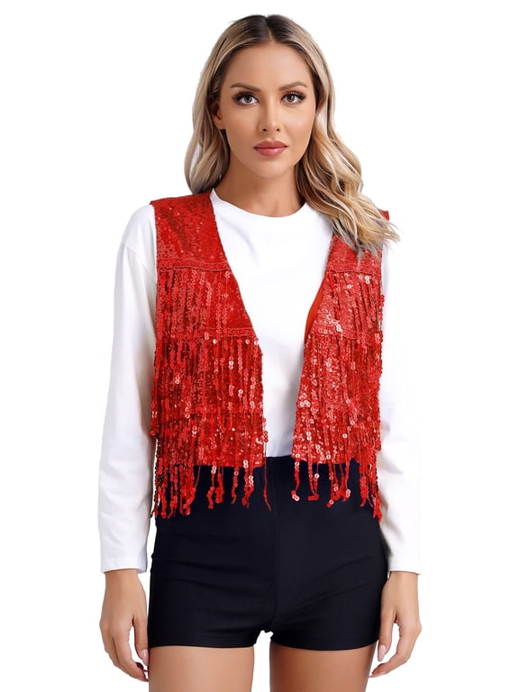 Womens Sleeveless Sequins Vest Tops V Neck Open Front Glitter Tassels Jacket Rave Dance Party Waistcoat Red XL