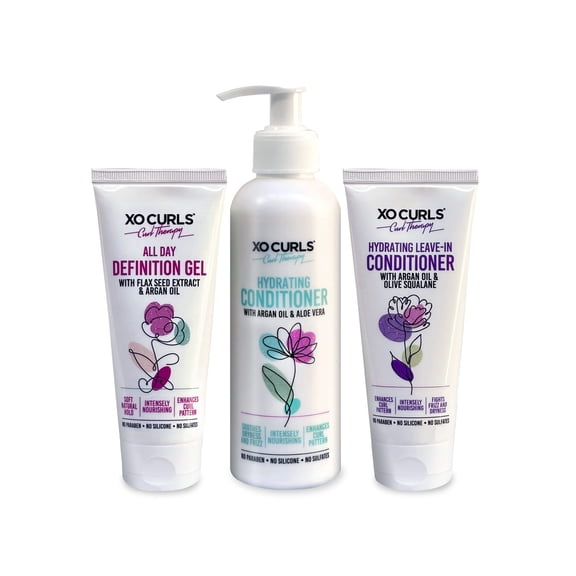 Xo Curls Curl Therapy Range For Women & Men, All Day Definition Gel, Conditioner And Leave-In Conditioner Combo For Frizz-Free, Soft Natural Curls