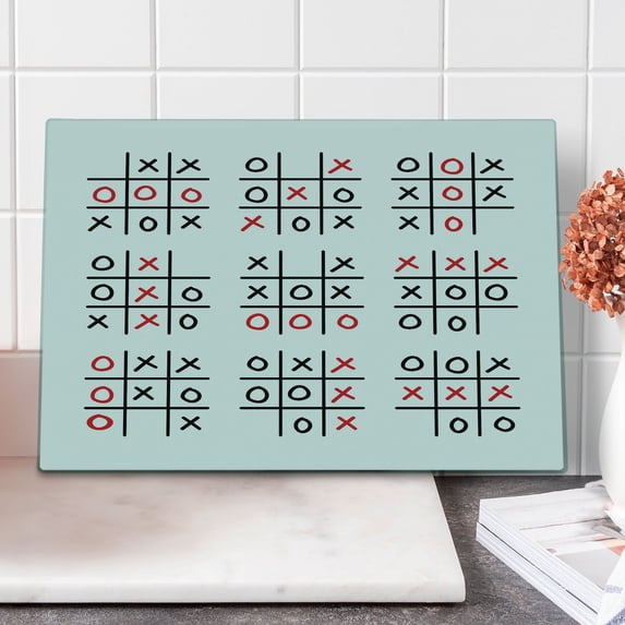 Xo Cutting Board, Doodle Style Tic Tac Toe Game Set Table with X and O Letters Design, Decorative Tempered Glass Cutting and Serving Board, Large Size, Black White and Red, by Ambesonne