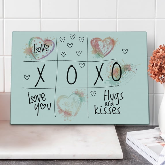 Xo Cutting Board, Love You Hugs Kisses Watercolor Splashes Heart Valentines Art, Decorative Tempered Glass Cutting and Serving Board, Large Size, Mint Green White, by Ambesonne