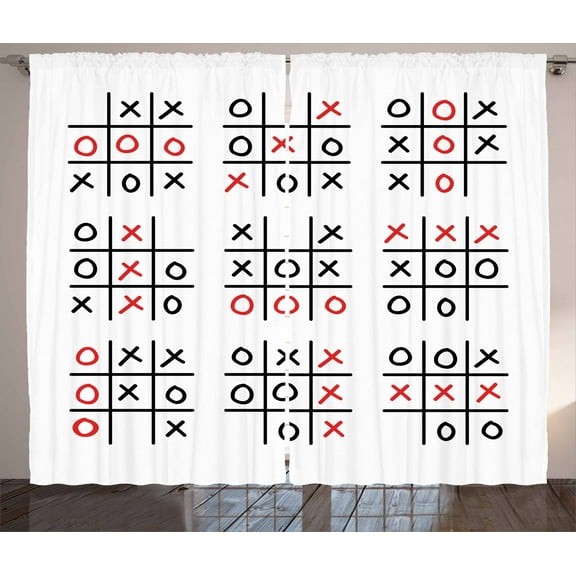 Ambesonne Xo Curtains 2 Panel Set, Activity Game Set Art, 108" x 84", Black White and Red