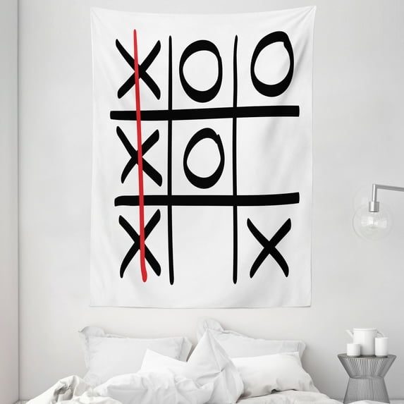 Xo Decor Tapestry, Popular Tic Tac Toe Game Pattern Hand Drawn Design Win Victory Finish Theme, Wall Hanging for Bedroom Living Room Dorm Decor, 60W X 80L Inches, Black White Red, by Ambesonne