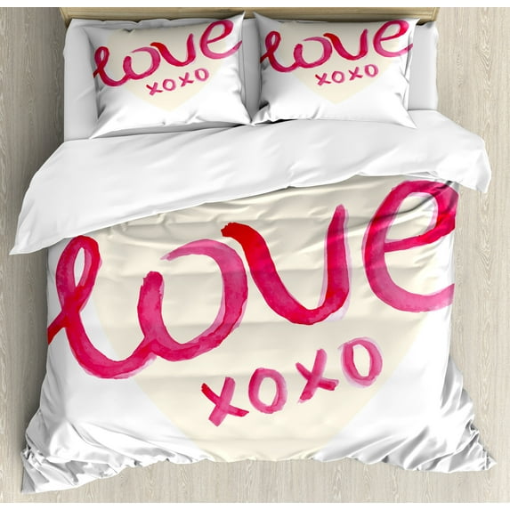 Xo Duvet Cover Set, Love Typography on a Heart with Kisses Letters Romantic Print, Decorative 3 Piece Bedding Set with 2 Pillow Shams, Queen Size, Dark Coral and Cream, by Ambesonne
