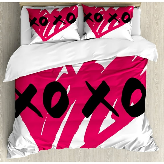 Xo Duvet Cover Set, Lovers Heart with Kisses Sign Abstract Calligraphy Romance Couple Graphic, Decorative 3 Piece Bedding Set with 2 Pillow Shams, Calking Size, Pink and Black, by Ambesonne
