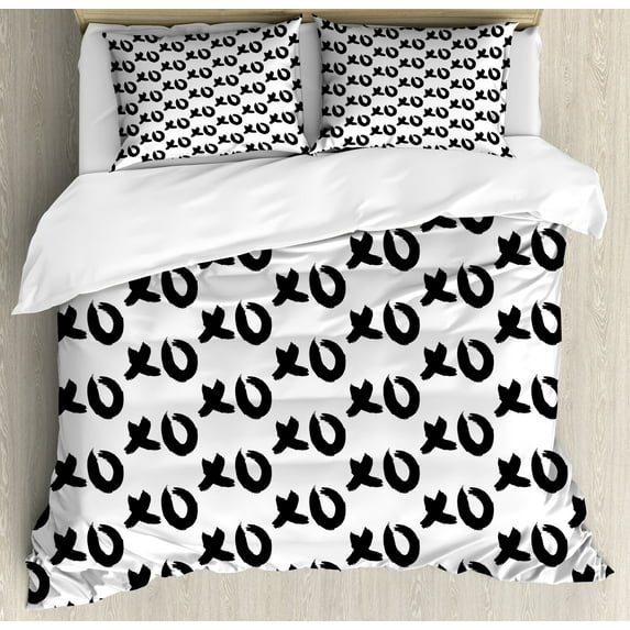 Xo Duvet Cover Set, Monochrome Hand Drawn Hugs and Kisses Words Paintbrush Style Art Print, Decorative 3 Piece Bedding Set with 2 Pillow Shams, Queen Size, Black and White, by Ambesonne