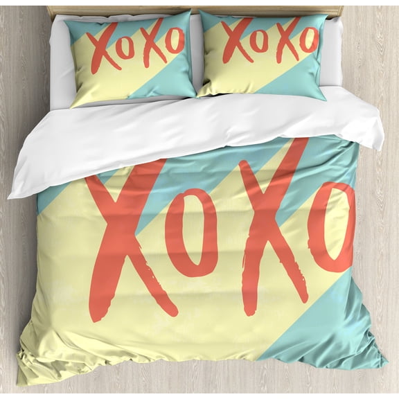 Xo Duvet Cover Set, Pop Art Style Retro Hugs and Kisses on Vibrant Illustration, Decorative 3 Piece Bedding Set with 2 Pillow Shams, Queen Size, Dark Coral Turquoise, by Ambesonne