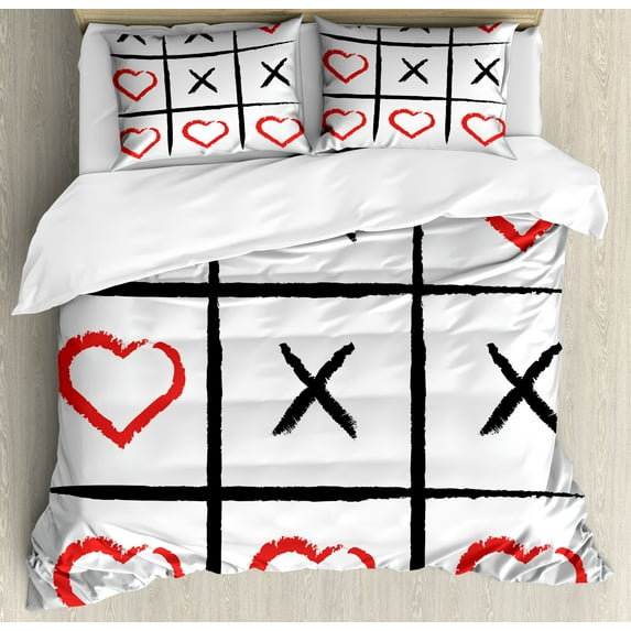 Xo Duvet Cover Set, Simplistic Love Game and Happy Valentines Humor Hobby Design, Decorative 3 Piece Bedding Set with 2 Pillow Shams, King Size, Vermilion Pale Grey, by Ambesonne