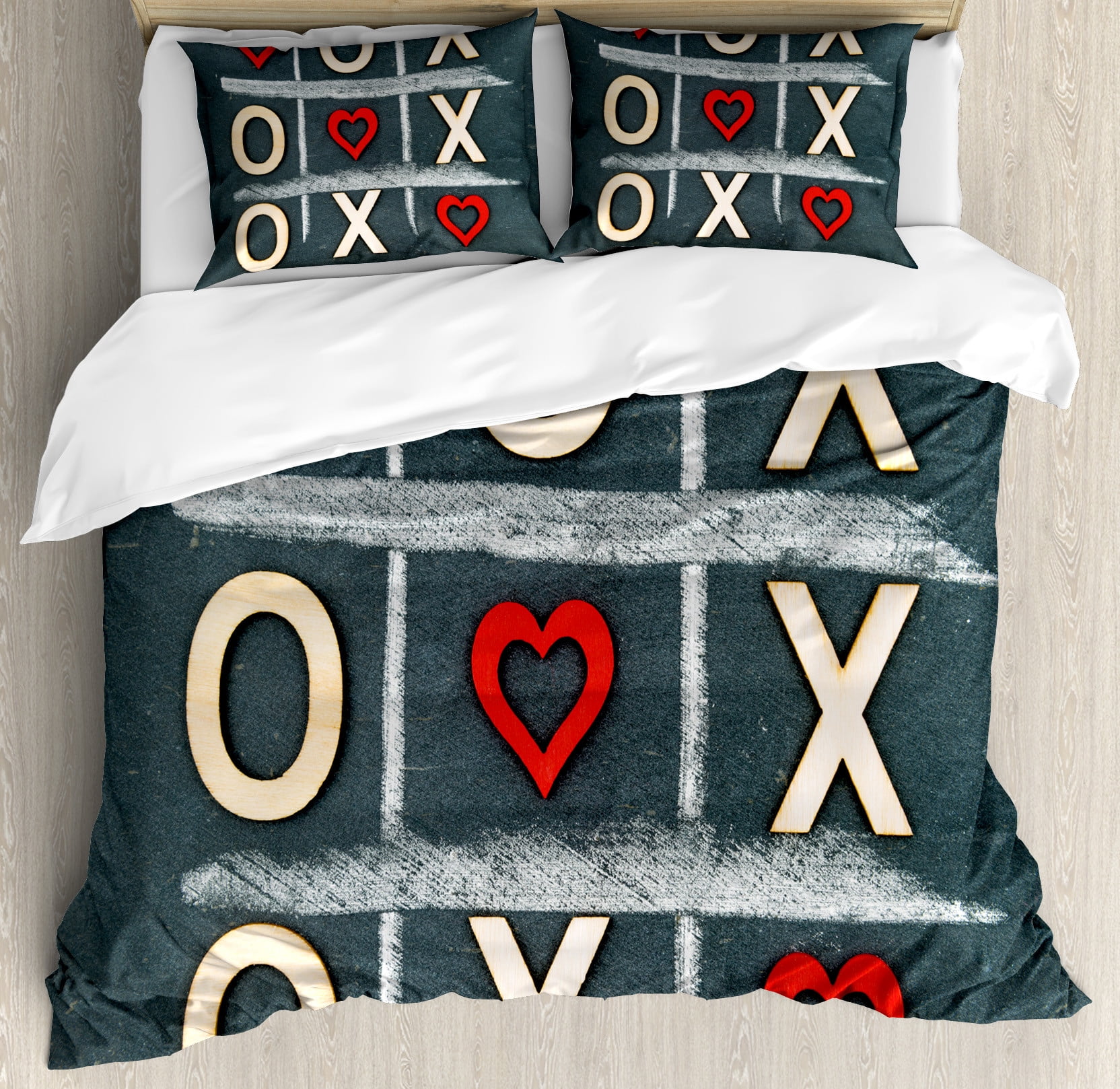 California King Blue Grey Red Cream Tic-Tac-Toe Duvet Cover Set