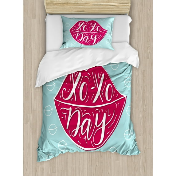 Xo Duvet Cover Set, Woman Full Pink Lips with Hugs and Kisses Day Phrase Fashion Graphic Print, Decorative 2 Piece Bedding Set with 1 Pillow Shams, Twin Size, Dark Coral and Seafoam, by Ambesonne