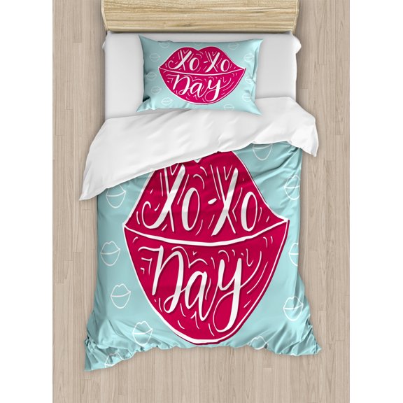 Xo Duvet Cover Set, Woman Full Pink Lips with Hugs and Kisses Day Phrase Fashion Graphic Print, Decorative 2 Piece Bedding Set with 1 Pillow Shams, Twin Size, Dark Coral and Seafoam, by Ambesonne