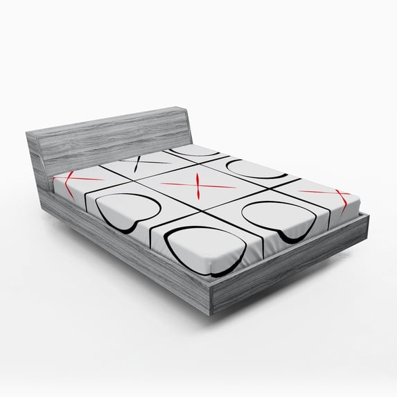 Xo Fitted Sheet, Tic Tac Toe Simplistic Pattern Vertical Horizontal Lines Illustration, Soft Decorative Fabric Bedding, Full Size, Vermilion Black White, by Ambesonne