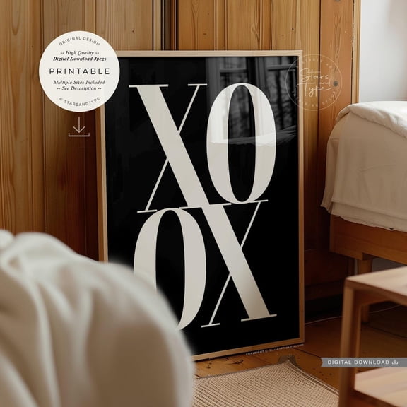 Xo Love Kisses Black White Typography Poster, Unframed Size 16x24