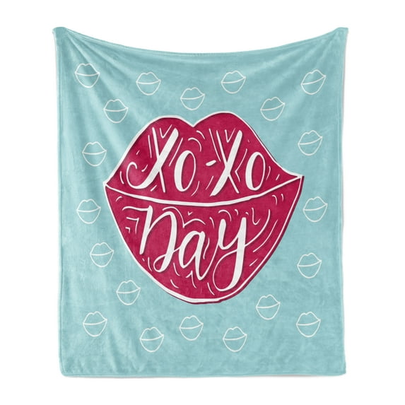 Xo Soft Flannel Fleece Blanket, Woman Full Pink Lips with Hugs and Kisses Day Phrase Fashion Graphic Print, Cozy Plush for Indoor and Outdoor Use, 50" x 60", Dark Coral and Seafoam, by Ambesonne