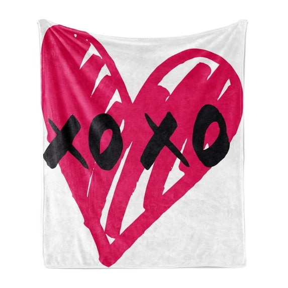 Xo Soft Flannel Fleece Throw Blanket, Lovers Heart with Kisses Sign Abstract Calligraphy Romance Couple Graphic, Cozy Plush for Indoor and Outdoor Use, 70" x 90", Pink and Black, by Ambesonne
