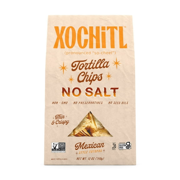 Xochitl No Salt White Corn Tortilla Chips, 12 oz Paper Bag