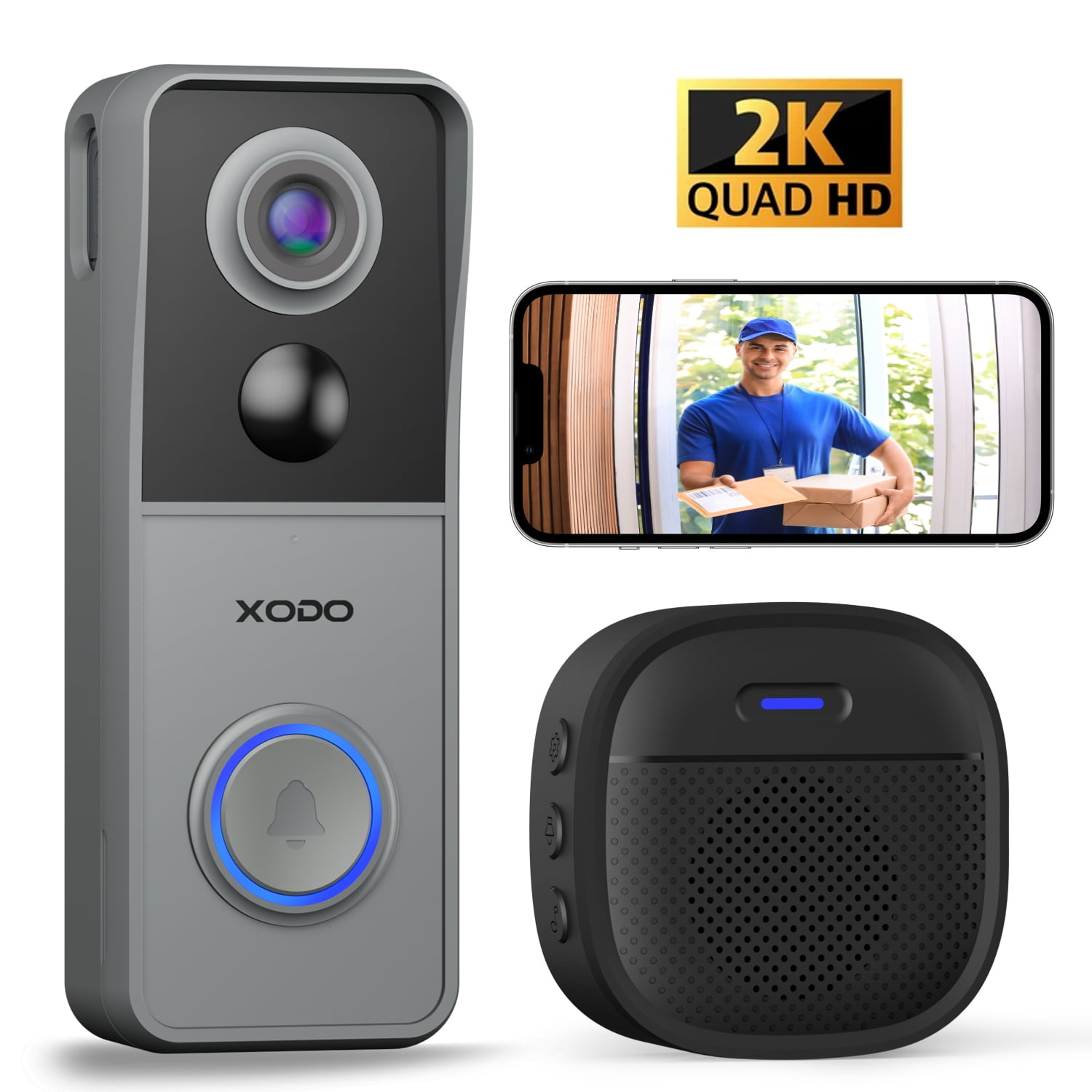 XODO WiFi 2K Video Doorbell Wireless, Night Vision, Motion Detection