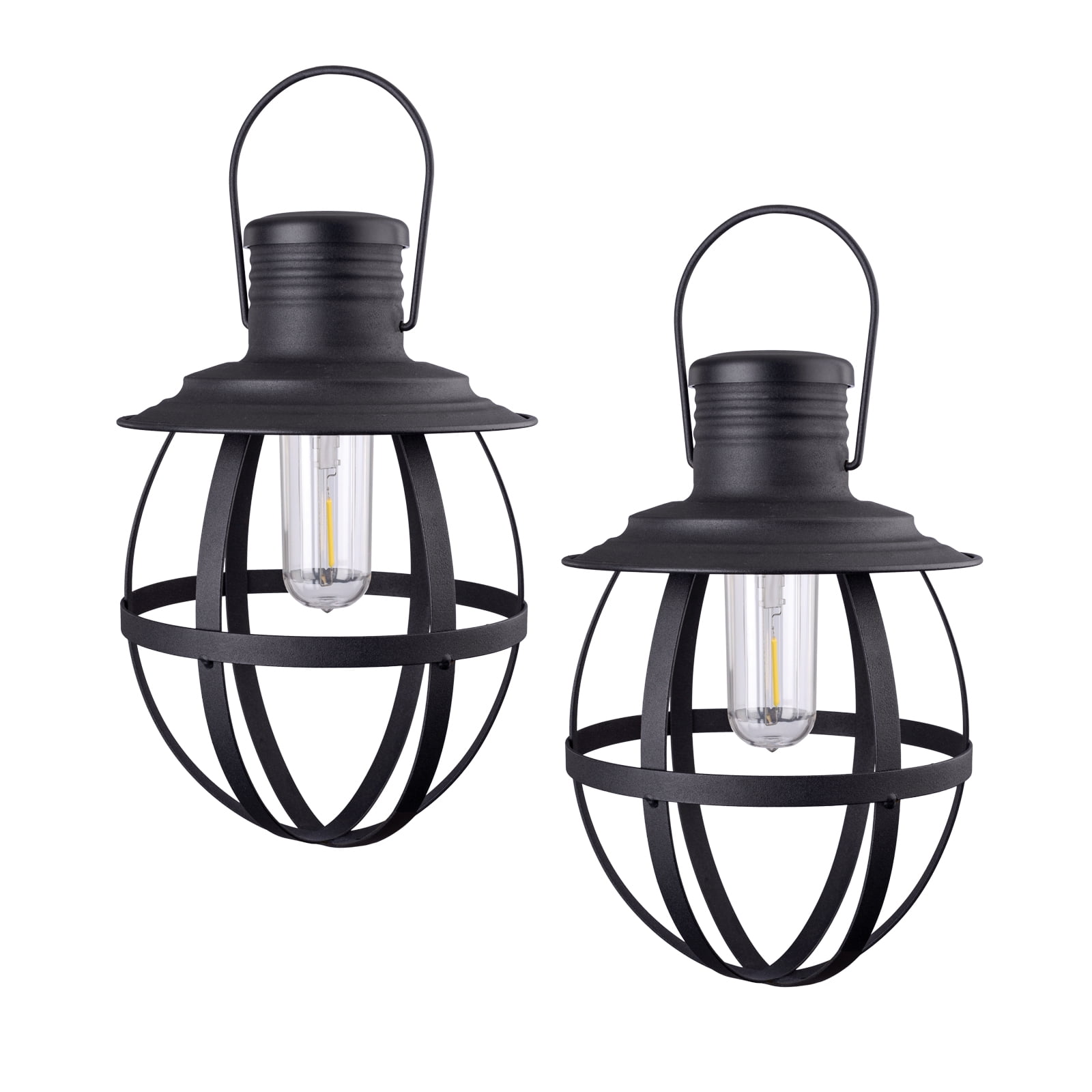 Black Metal 11.5" Outdoor LED Hanging Lanterns with Timer, Set of 2
