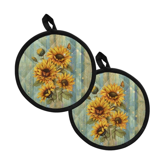Xoenoiee 2 PCS Heat Resistant Potholders with Pockets Non-Slip Grip Machine Washable Reusable Hot Pads for Kitchen Cooking Baking 8 Inch Counter Round, Sunflower Butterfly Wood Grain
