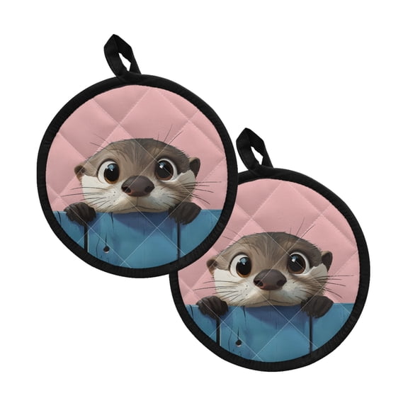 Xoenoiee 2 PCS Pot Holders Heat Resistant Hot Pads with Pockets Breathable Cotton-like Lining Soft Trivet Mats for Kitchen Cooking Baking , 8 Inch Round Decor, Otter Pink Blue Wood Grain