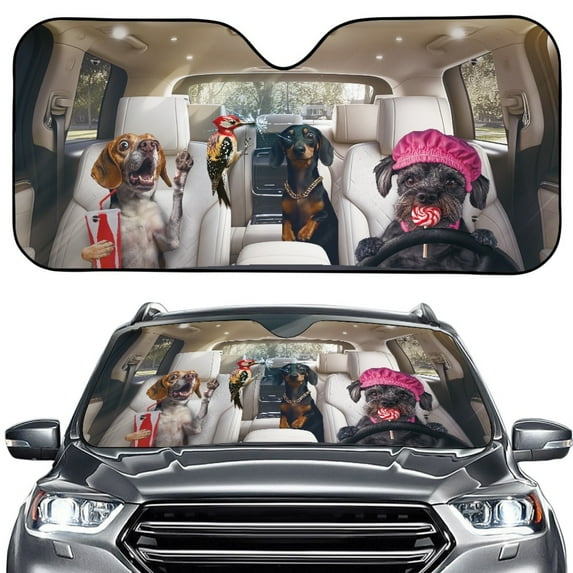 Xoenoiee 3D Funny Dogs Woodpecker Print Car Windshield Sun Shade Block UV Rays Sun Visor Protector Auto Windshield Sunshade with Suction Cups, Keep Vehicle Cool for Cars Trucks Suvs