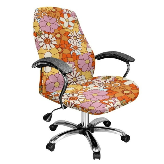 Xoenoiee 70S 80S Hippie Groovy Flower Print Office Chair Covers, Stretch Computer Chair Cover, Universal Boss Chair Covers Rotating Chair High Back Chair Slipcover for Home Office, Large